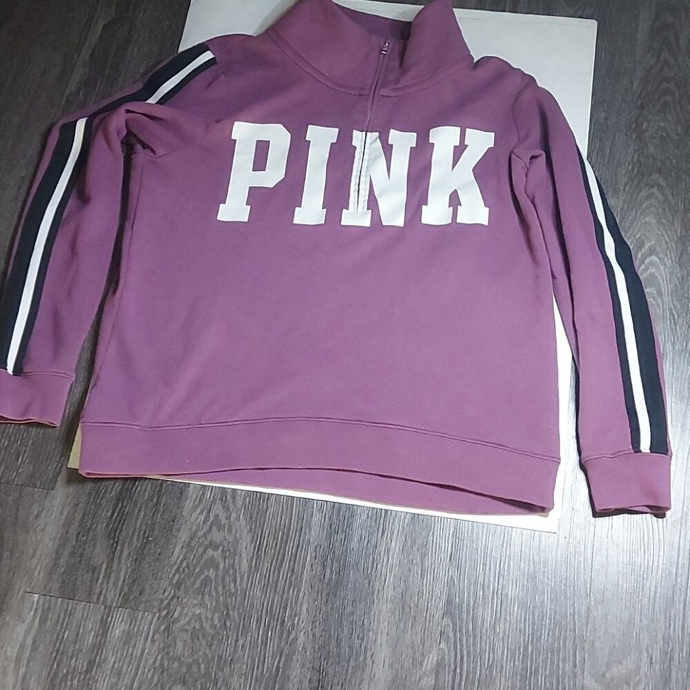PINK Victoria Secret Funnel Purple Logo Racer Stripe Zip Jacket. L Casual Preppy - Picture 6 of 11